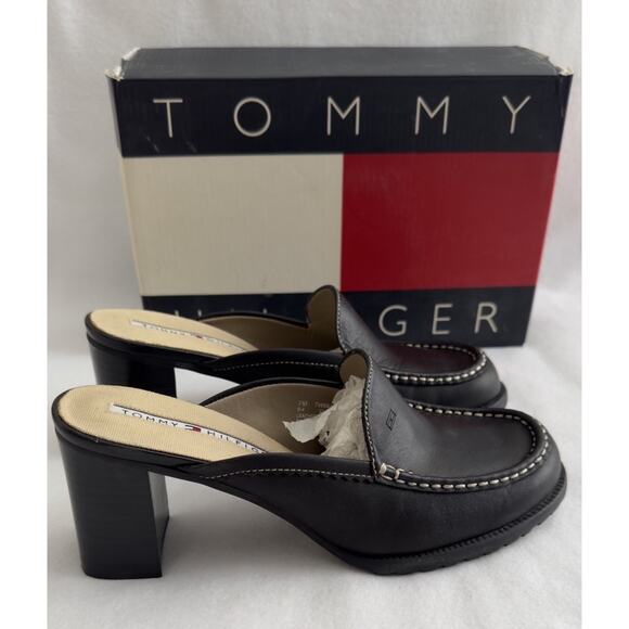 Vintage Y2K Tommy Hilfiger SlipOn Black Leather Chunky Block Heel Shoes W/Box 7M - Picture 3 of 9